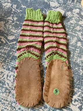 Footed Toddler Knit Striped Slipper Socks in Green, Pink & Brown